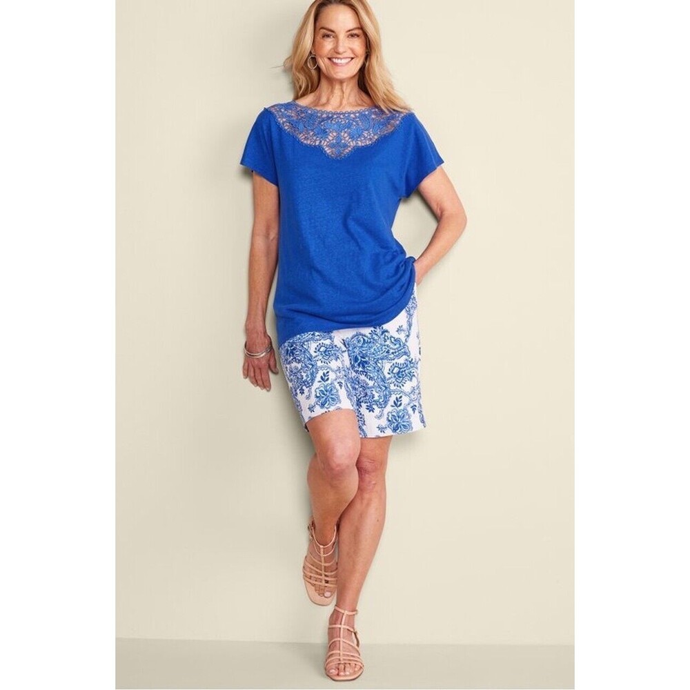 NWT $69 Soft Surroundings Marilla Gauze Shorts Kamari Blue Paisley Women S (6/8)
